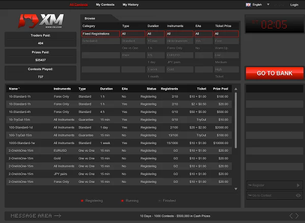 Interfaz del sistema de concursos de trading del broker XM