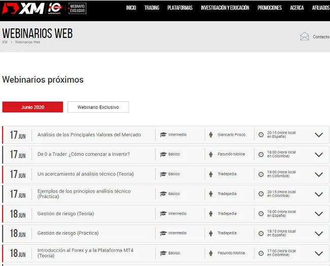 Webinarios web de XM