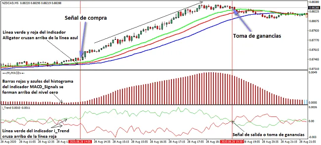 Estrategia de scalping Forex con los indicadores Alligator y MACD 9 Operación de compra en sistema de scalping con Alligator