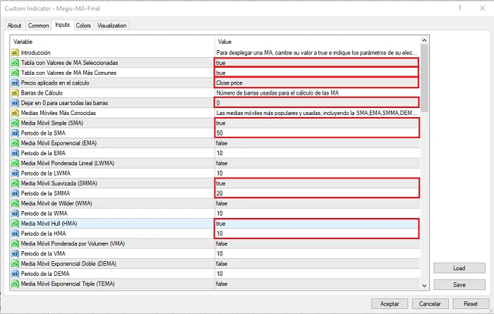 tabla configuracion magic ma