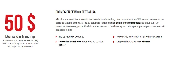 Bono sin depósito de 50 USD de XM