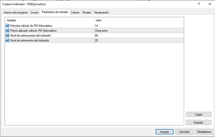 RSI Estocástico para Metatrader 4 - Indicador Gratuito 3 Ventana de configuración del RSI Estocástico para MT4