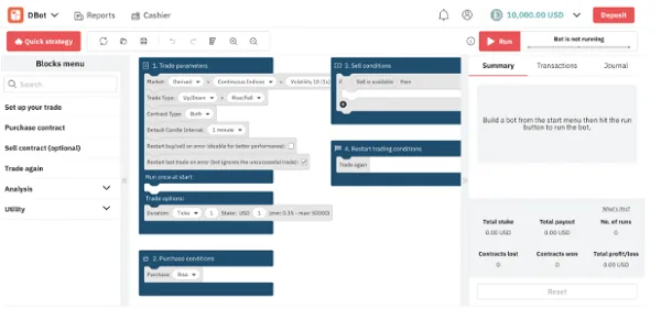 Tutorial del Broker Deriv.com 11 Plataforma de trading Deriv DBot