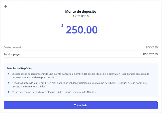 deposito fondos airtm hapi