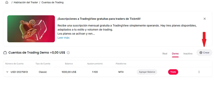 Cuenta Demo del Broker Tickmill 2026 5 cuenta demo area usuarios tickmill