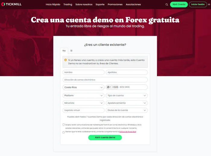 Cuenta Demo del Broker Tickmill 2026 2 cuenta demo tickmill