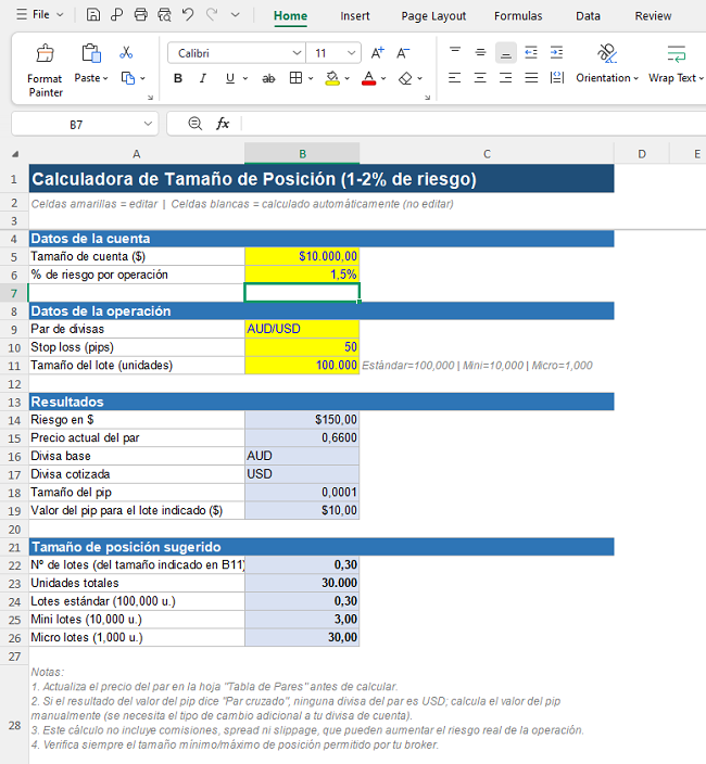 Calculadora de Tamaño de Lote Para Excel Gratuita 2 Calculadora de tamaño de posición