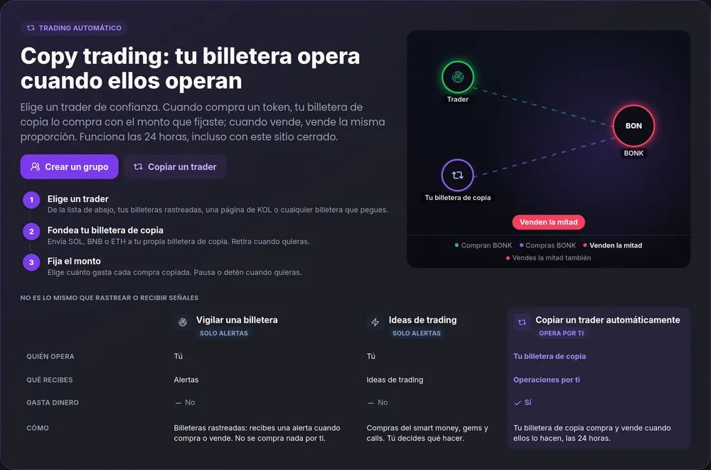 Memecoins en Solana: cómo elegir tokens viendo qué wallets rentables los compran (2026) 14 Elegir trader, fondear y fijar el monto. DexTrading, 25 oct 2026.